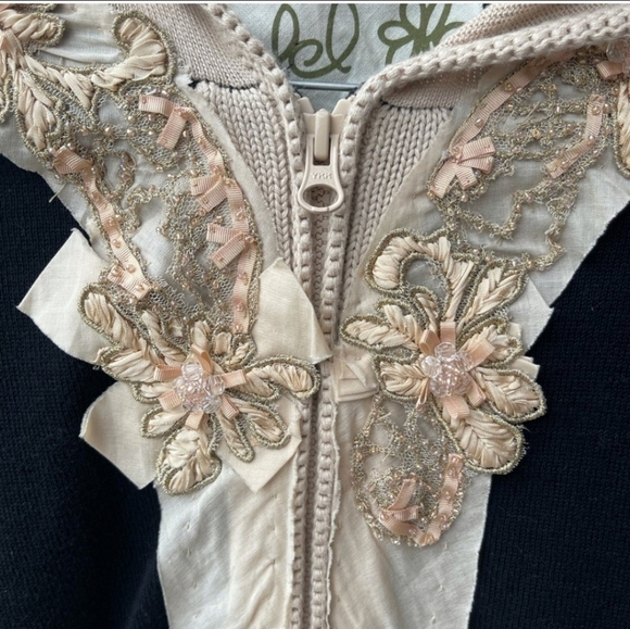 Anthropologie Field of flowers black creme beaded floral zip up sweater - Picture 12 of 12